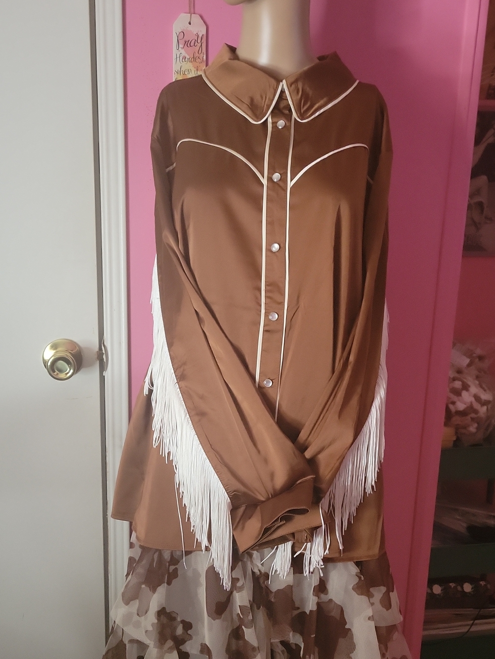 Satin Button-Front Women's Blouse in Brown with Contrast Piping and Fringe